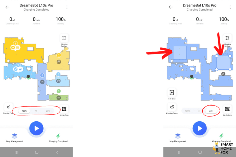 Уборка комнаты или зоны выбирается в приложении Dreame L10s Pro.